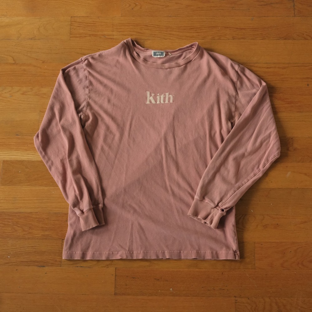 Kith Long Sleeve Shirt Mens Pink Logo Streetwear L Crewneck Cotton Retro